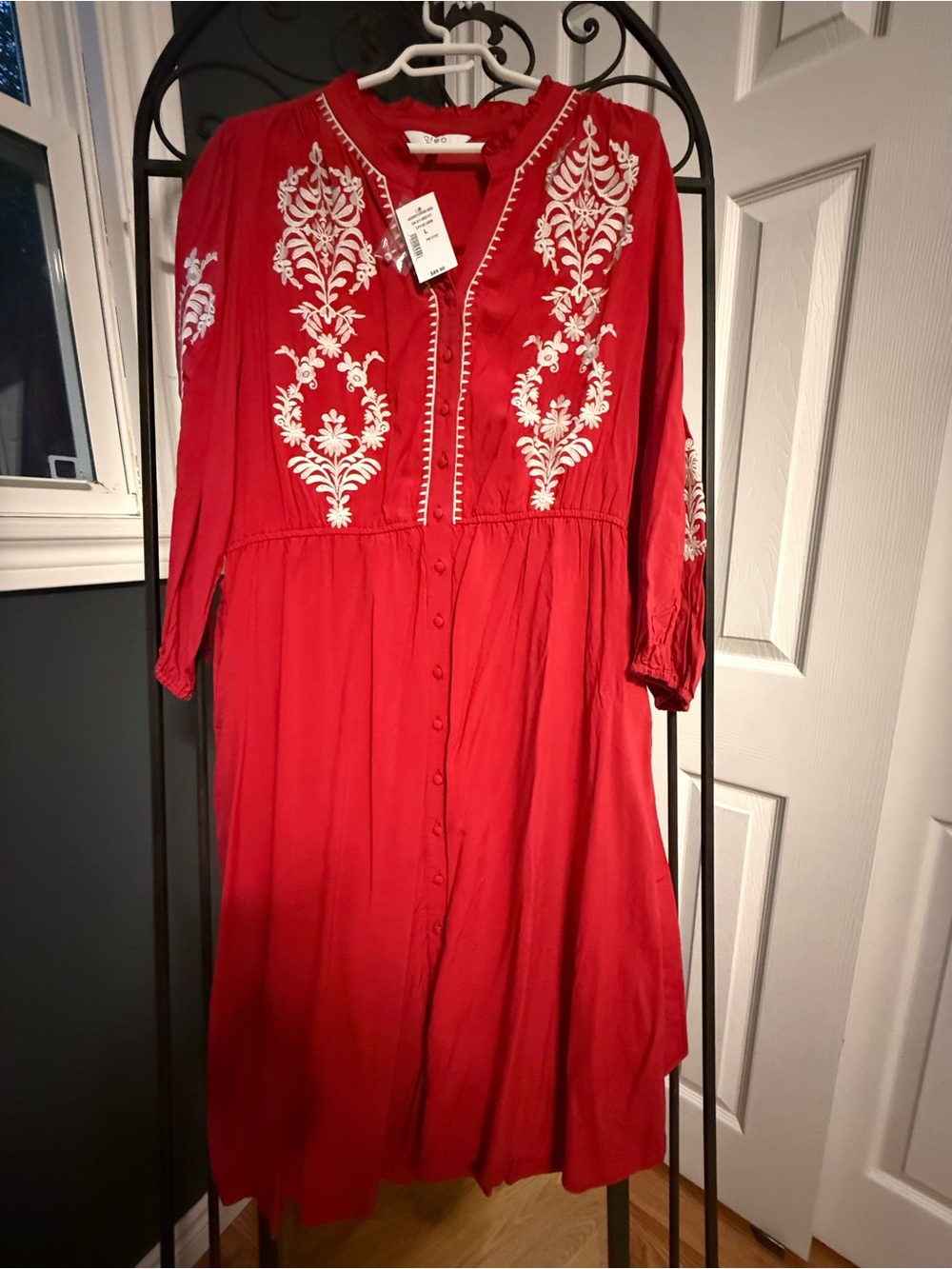 cleo Red Midi Dress with White Floral Embroidery New with tags